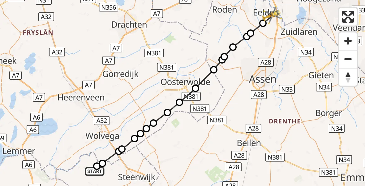 Vluchtroute Traumahelikopter IJsselham - Groningen Airport Eelde, 17 juli 2026, 18:37