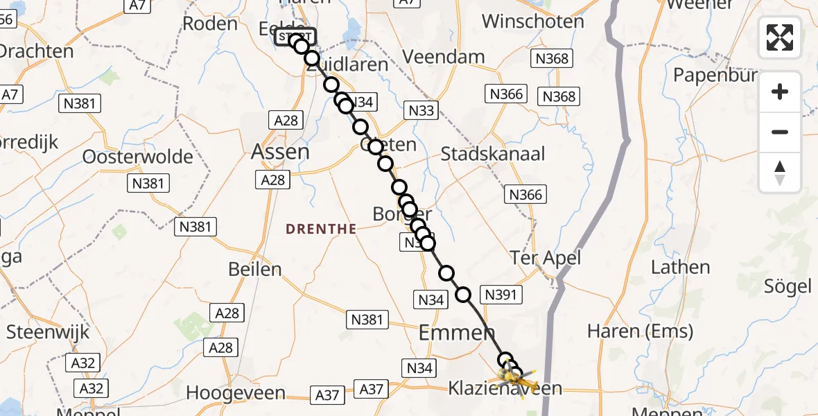 Vluchtroute Traumahelikopter Groningen Airport Eelde - Klazienaveen, 17 juli 2026, 20:31