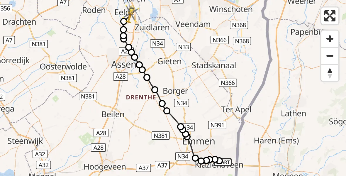 Vluchtroute Traumahelikopter Klazienaveen - Groningen Airport Eelde, 17 juli 2026, 21:24