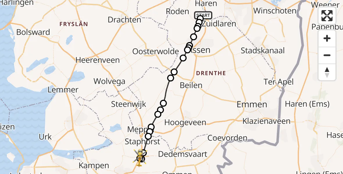 Vluchtroute Traumahelikopter Groningen Airport Eelde - De Koperen Hoogte Helipad, 17 juli 2026, 23:16
