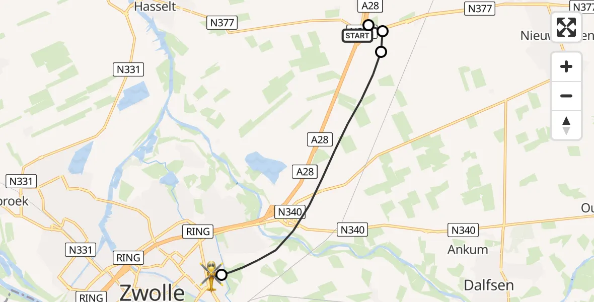 Vluchtroute Traumahelikopter De Koperen Hoogte Helipad - Isala Hospital Zwolle Heliport, 18 juli 2026, 00:08
