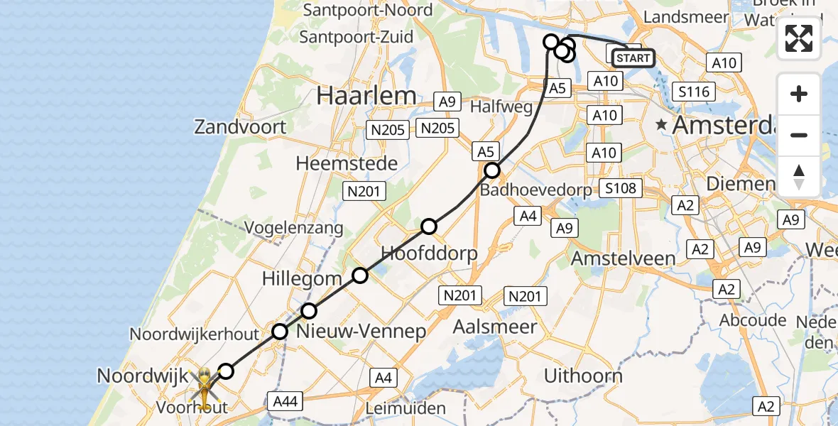 Vluchtroute Traumahelikopter Amsterdam - Voorhout, 18 juli 2026, 07:39