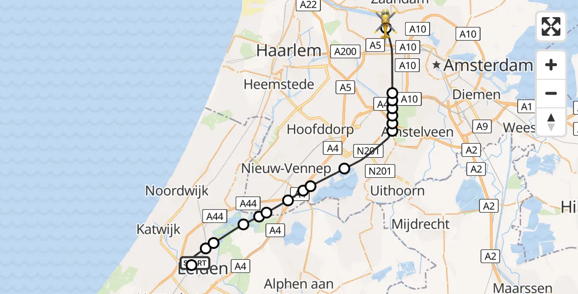Vluchtroute Traumahelikopter Leiden University Medical Center Heliport - Amsterdam Heliport, 18 juli 2026, 08:47