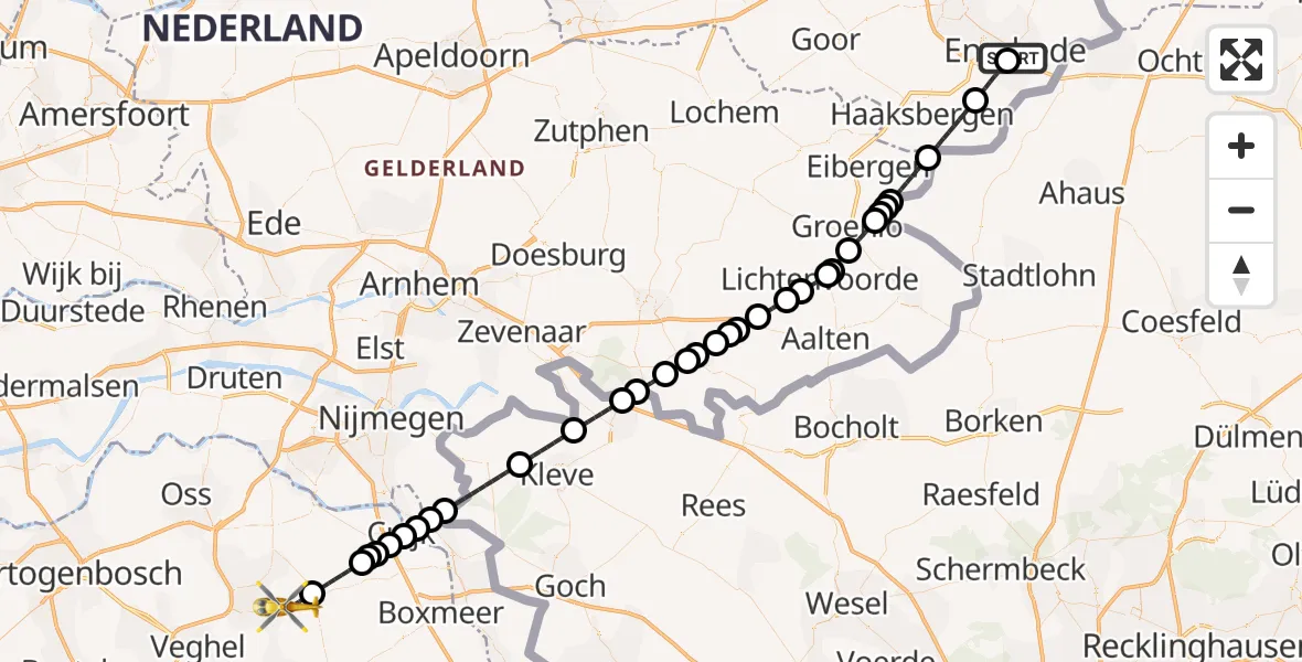 Vluchtroute Traumahelikopter Medisch Spectrum Twente Hospital Heliport - Vliegbasis Volkel, 18 juli 2026, 10:53