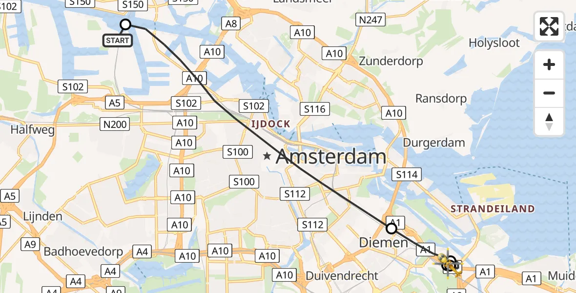 Vluchtroute Traumahelikopter Amsterdam Heliport - Boels Verhuur Diemen Helipad, 18 juli 2026, 11:38