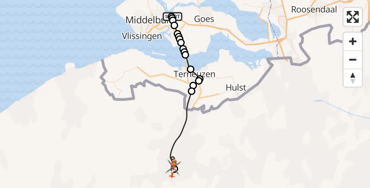 Vluchtroute Kustwachthelikopter Vliegveld Midden-Zeeland - Ghent/Industry Zone Heliport, 18 juli 2026, 11:52