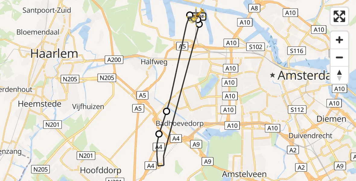 Vluchtroute Traumahelikopter Amsterdam Heliport - Amsterdam Heliport, 18 juli 2026, 13:35