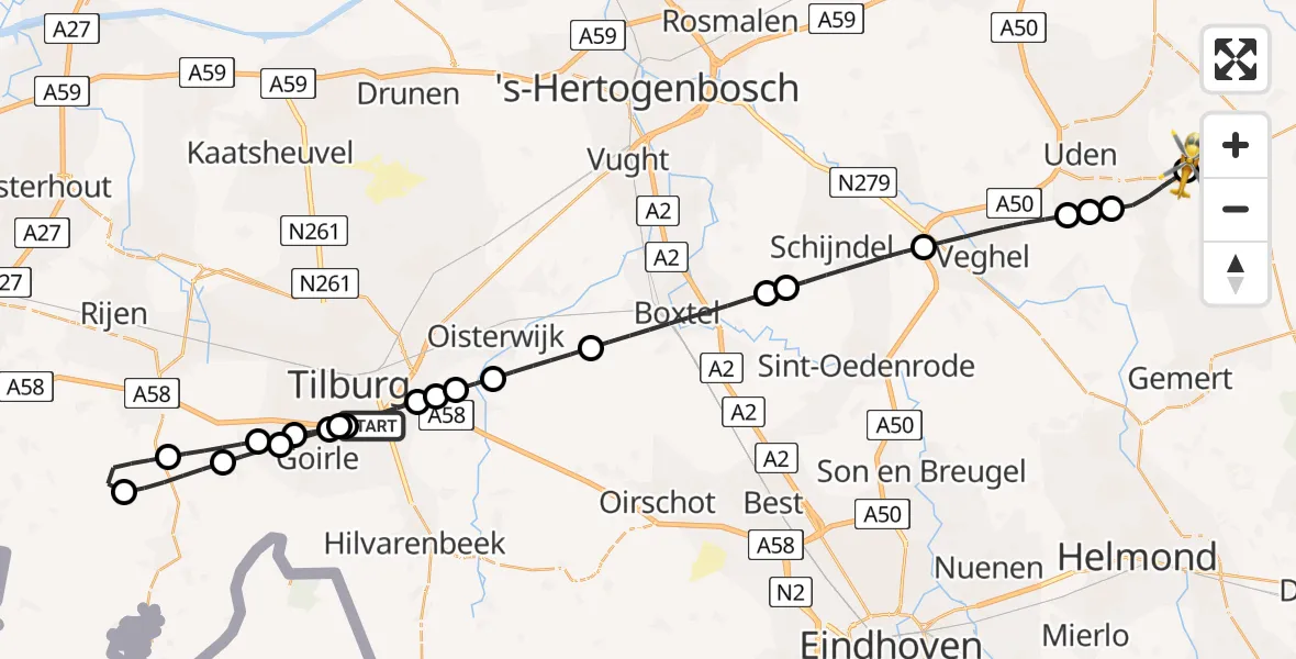 Vluchtroute Traumahelikopter St. Elisabeth Hospital Heliport - Vliegbasis Volkel, 18 juli 2026, 13:40