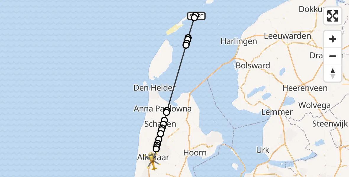 Vluchtroute Ambulancehelikopter Vlieland Heliport - Alkmaar, 18 juli 2026, 14:11