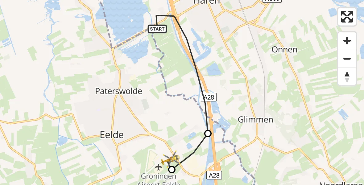 Vluchtroute Traumahelikopter Haren Gn - Groningen Airport Eelde, 18 juli 2026, 17:28