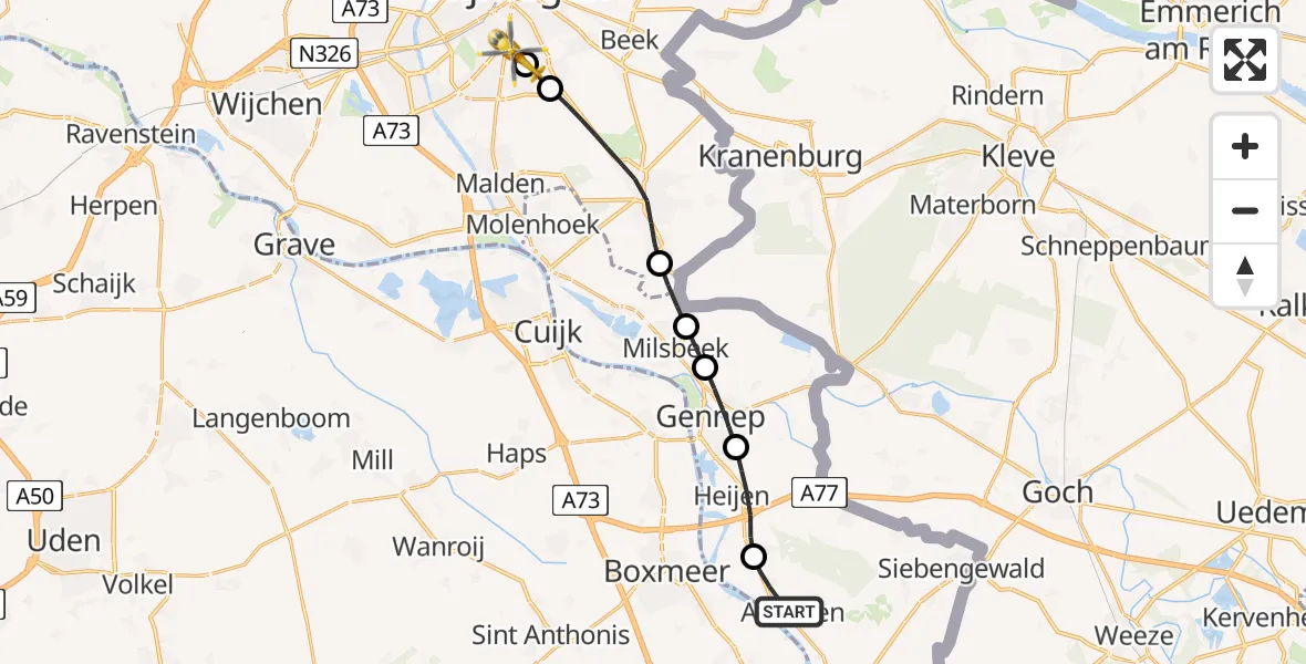 Vluchtroute Traumahelikopter Afferden L - Radboud University Medical Center Heliport, 18 juli 2026, 19:00