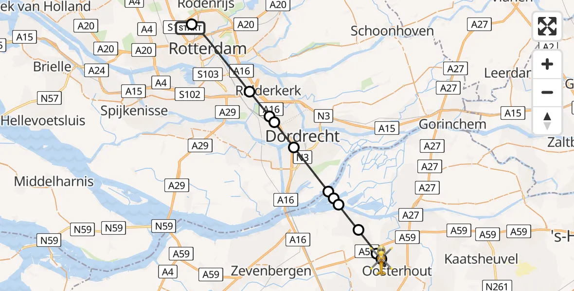 Vluchtroute Traumahelikopter Rotterdam The Hague Airport - Oosterhout, 18 juli 2026, 21:05