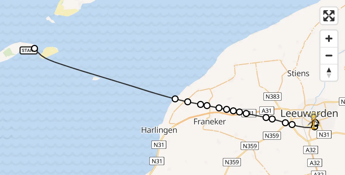 Vluchtroute Ambulancehelikopter Vlieland Heliport - Leeuwarden Medical Center Heliport, 18 juli 2026, 21:34