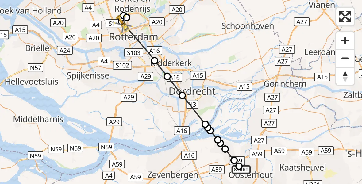 Vluchtroute Traumahelikopter Oosterhout - Rotterdam The Hague Airport, 18 juli 2026, 21:39