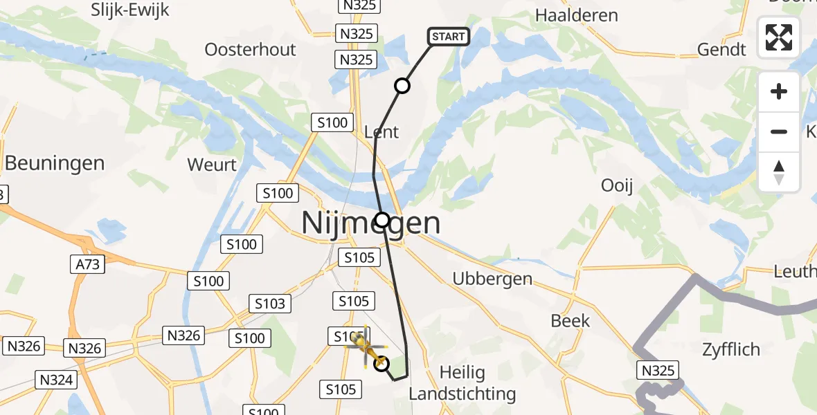 Vluchtroute Traumahelikopter Bemmel - Radboud University Medical Center Heliport, 18 juli 2026, 21:51