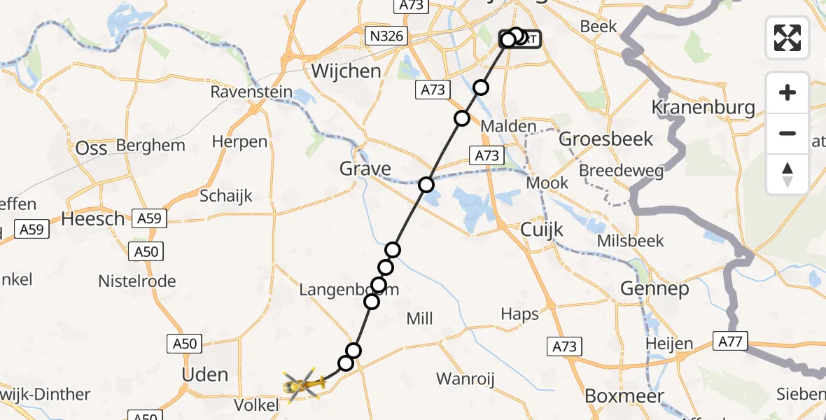 Vluchtroute Traumahelikopter Radboud Universitair Medisch Centrum - Vliegbasis Volkel, 18 juli 2026, 22:12