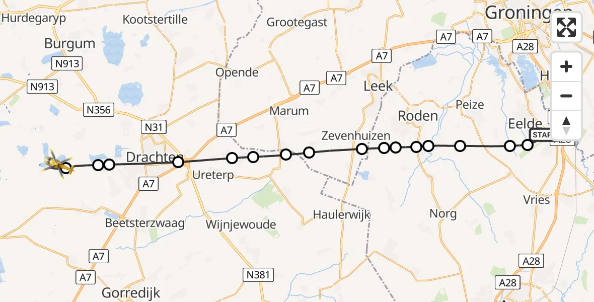 Vluchtroute Traumahelikopter Groningen Airport Eelde - De Veenhoop, 19 juli 2026, 06:36