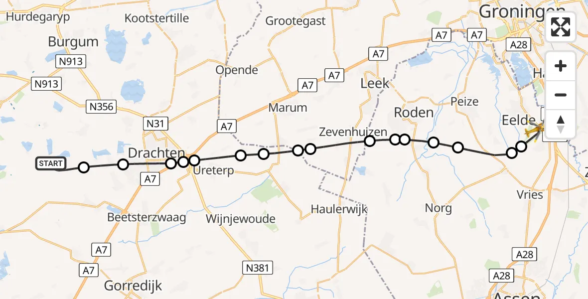 Vluchtroute Traumahelikopter De Veenhoop - Groningen Airport Eelde, 19 juli 2026, 07:02