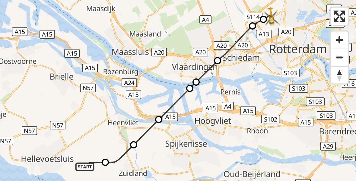 Vluchtroute Traumahelikopter Oudenhoorn - Rotterdam The Hague Airport, 19 juli 2026, 08:58