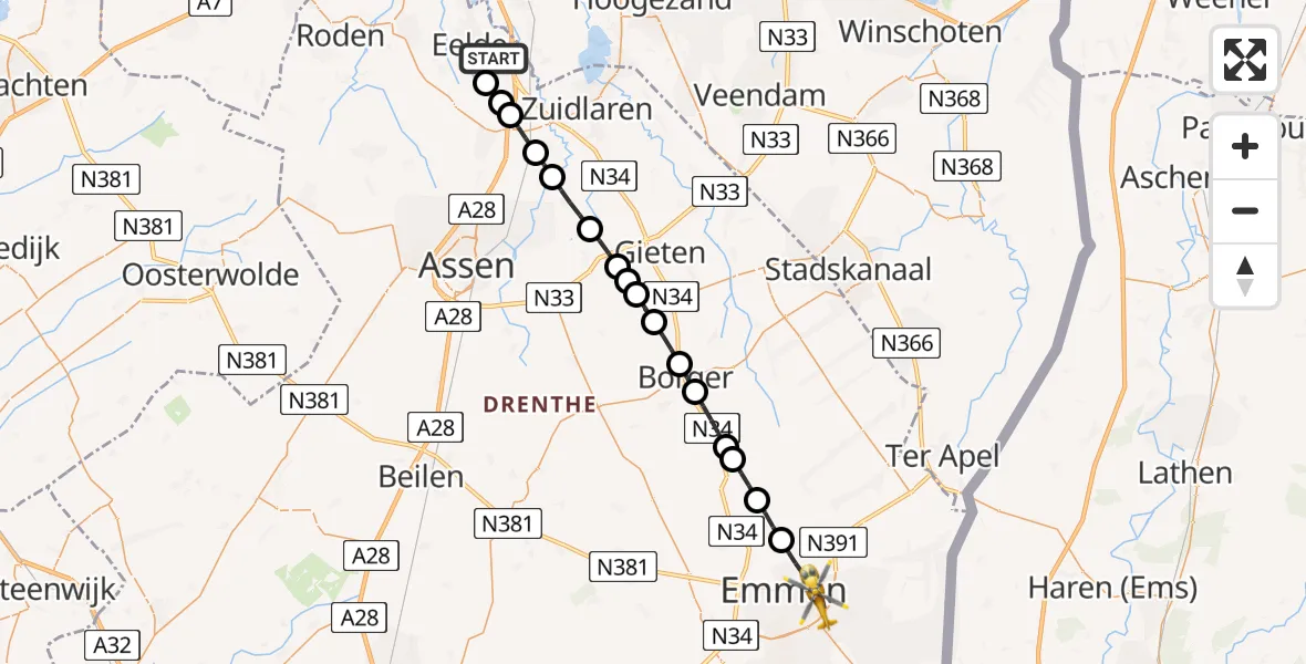 Vluchtroute Traumahelikopter Groningen Airport Eelde - Emmen, 19 juli 2026, 11:04