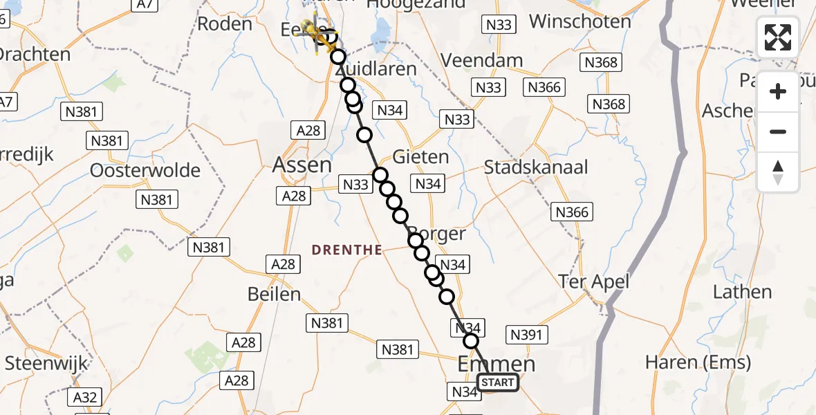 Vluchtroute Traumahelikopter Emmen - Groningen Airport Eelde, 19 juli 2026, 12:40