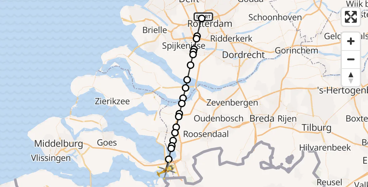 Vluchtroute Traumahelikopter Rotterdam The Hague Airport - Rilland, 19 juli 2026, 13:06