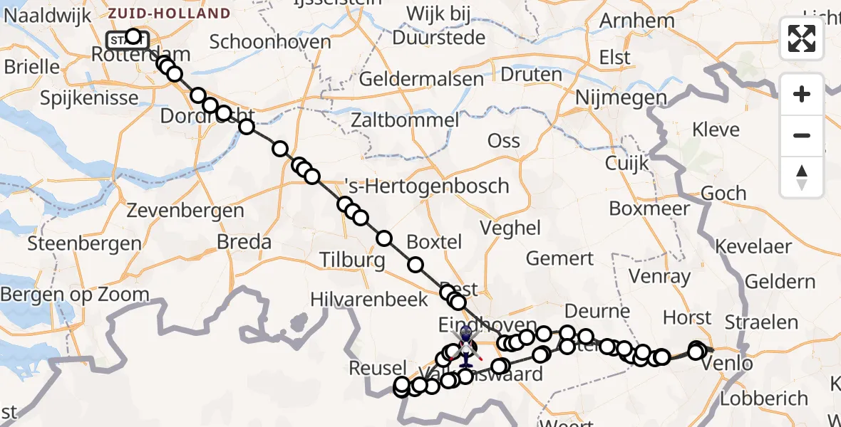 Vluchtroute Politiehelikopter Rotterdam The Hague Airport - Veldhoven, 19 juli 2026, 13:43