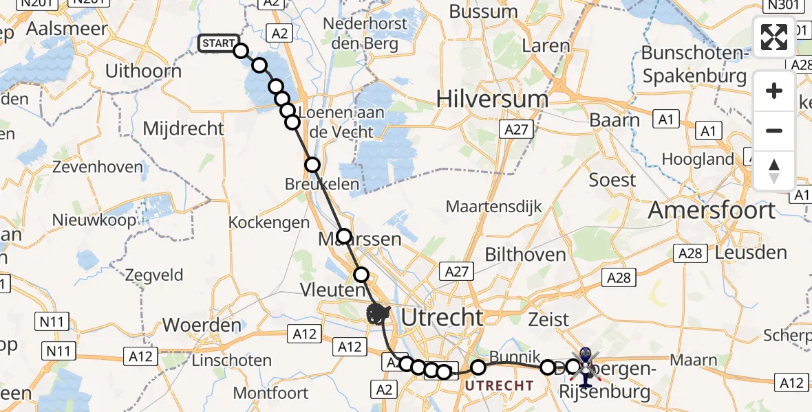 Vluchtroute Politiehelikopter Ouderkerk aan de Amstel - Driebergen-Rijsenburg, 19 juli 2026, 13:45