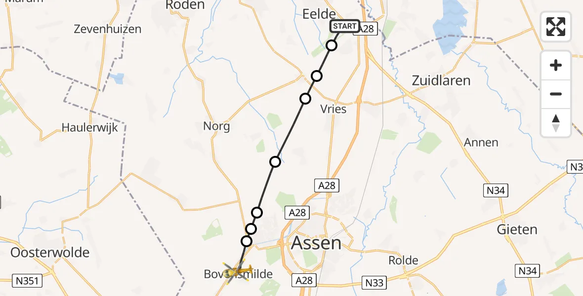 Vluchtroute Traumahelikopter Groningen Airport Eelde - Bovensmilde, 19 juli 2026, 16:15