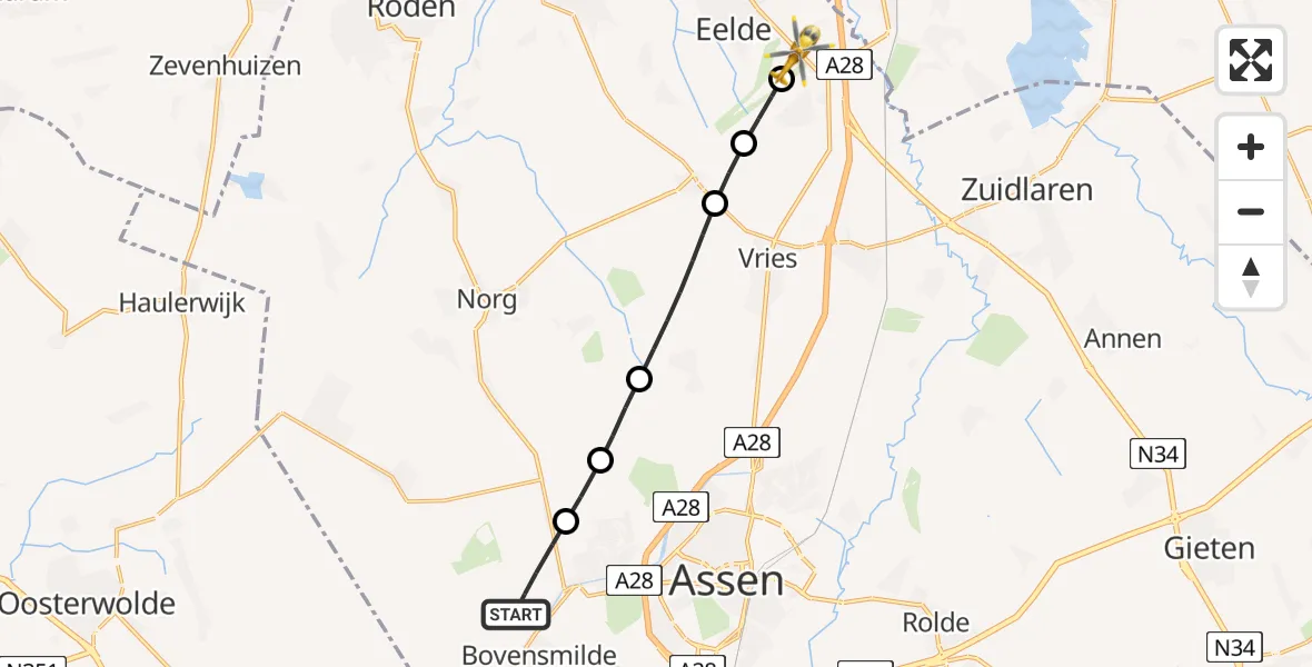 Vluchtroute Traumahelikopter Bovensmilde - Groningen Airport Eelde, 19 juli 2026, 16:52