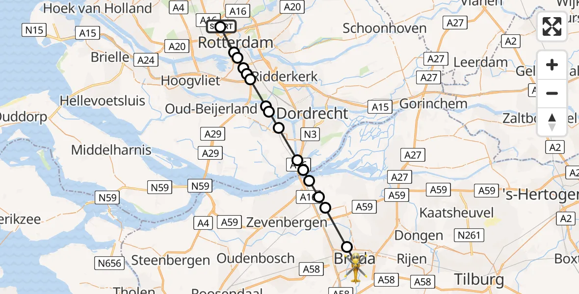 Vluchtroute Traumahelikopter Rotterdam The Hague Airport - Breda, 19 juli 2026, 18:12