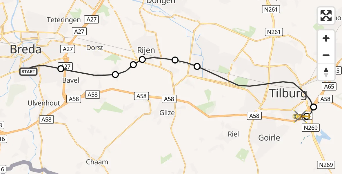 Vluchtroute Traumahelikopter Breda - St. Elisabeth Hospital Heliport, 19 juli 2026, 18:44