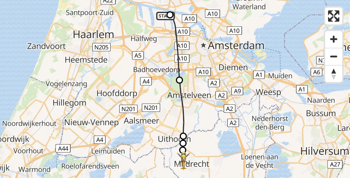 Vluchtroute Traumahelikopter Amsterdam Heliport - Mijdrecht, 19 juli 2026, 18:48