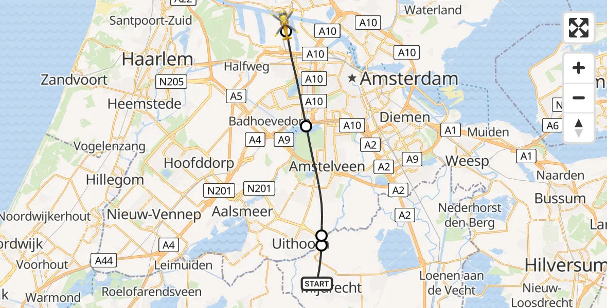 Vluchtroute Traumahelikopter Mijdrecht - Amsterdam Heliport, 19 juli 2026, 18:56