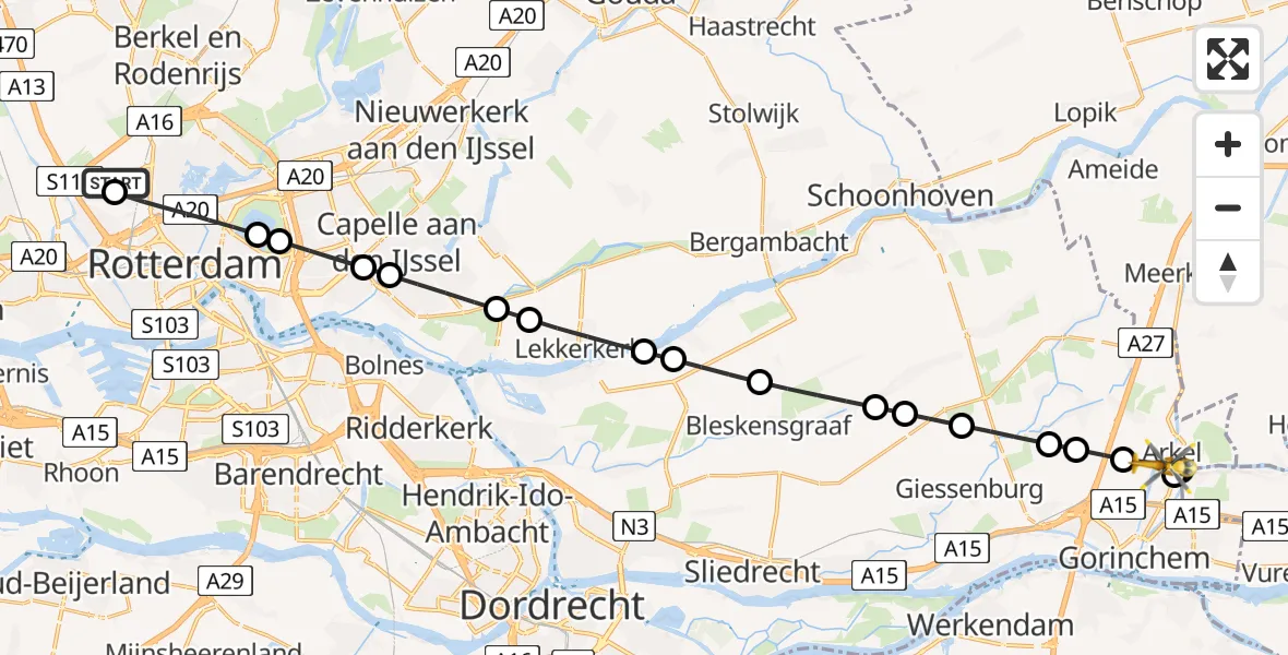 Vluchtroute Traumahelikopter Rotterdam The Hague Airport - Arkel, 19 juli 2026, 21:03