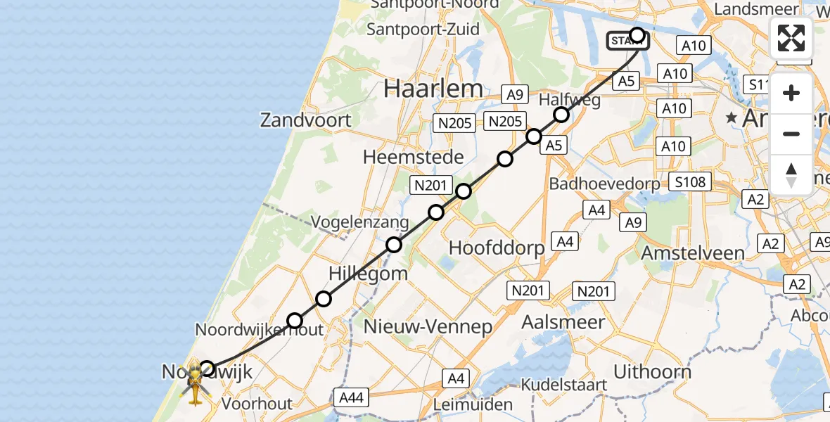 Vluchtroute Traumahelikopter Amsterdam Heliport - Noordwijk, 19 juli 2026, 21:51