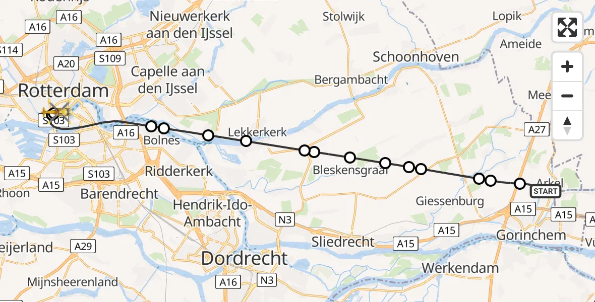 Vluchtroute Traumahelikopter Arkel - Erasmus MC, 19 juli 2026, 21:55