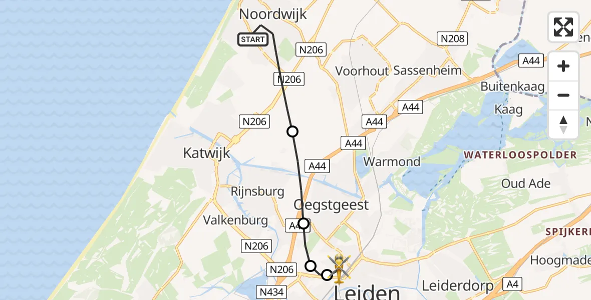 Vluchtroute Traumahelikopter Noordwijk - Leiden University Medical Center Heliport, 19 juli 2026, 22:20