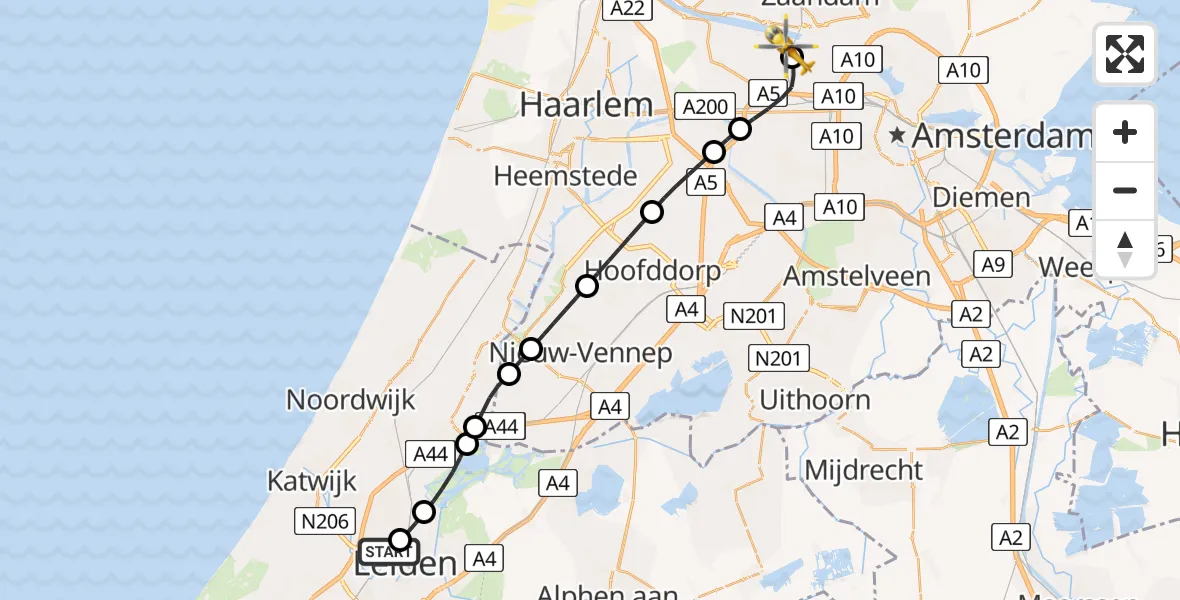 Vluchtroute Traumahelikopter Leiden University Medical Center Heliport - Amsterdam Heliport, 19 juli 2026, 22:49