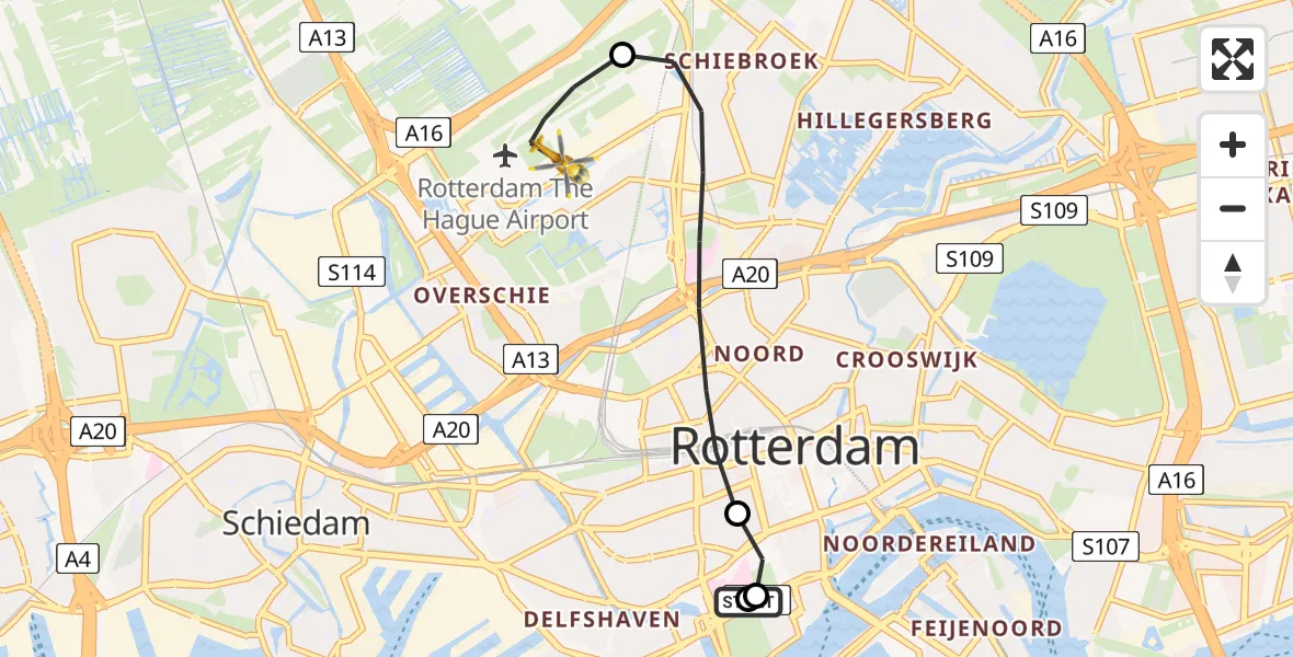 Vluchtroute Traumahelikopter Leids Universitair Medisch Centrum (LUMC) - Rotterdam The Hague Airport, 20 juli 2026, 00:43