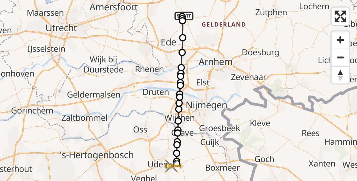 Vluchtroute Traumahelikopter Harskamp - Vliegbasis Volkel, 20 juli 2026, 01:51