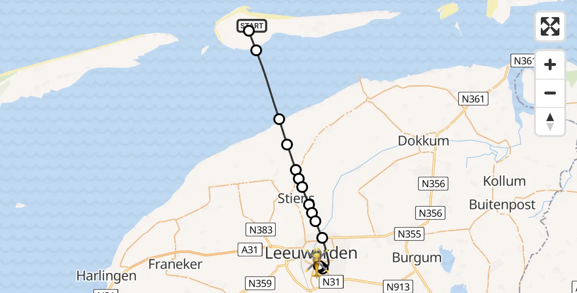 Vluchtroute Ambulancehelikopter Ameland Vliegveld Ballum - Leeuwarden Medical Center Heliport, 20 juli 2026, 02:43