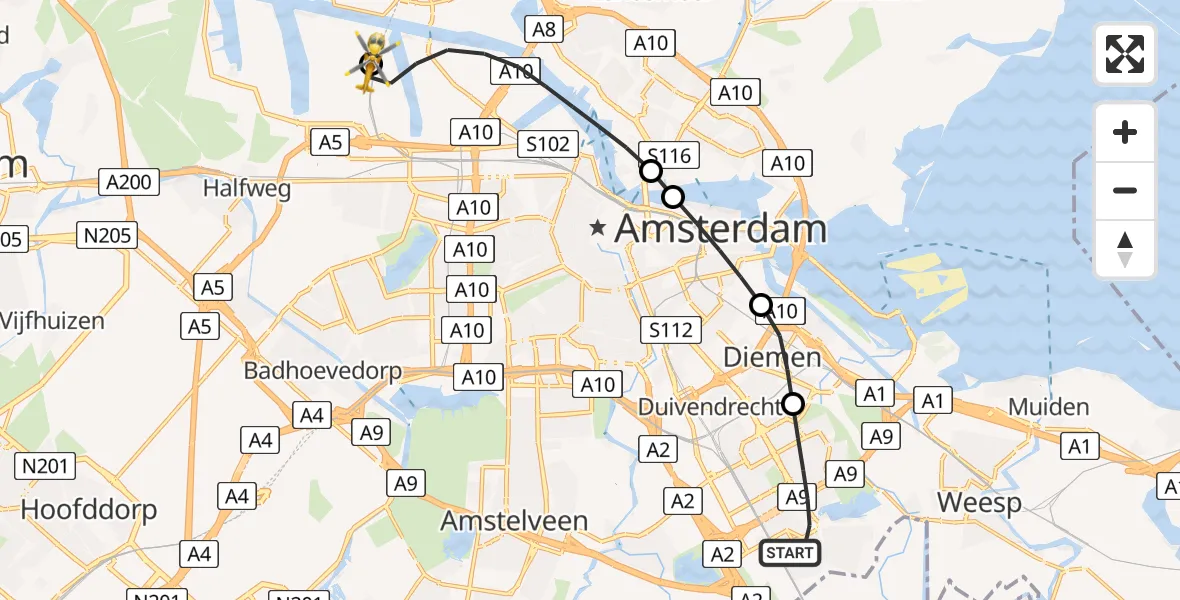 Vluchtroute Traumahelikopter Amsterdam - Amsterdam Heliport, 20 juli 2026, 05:55
