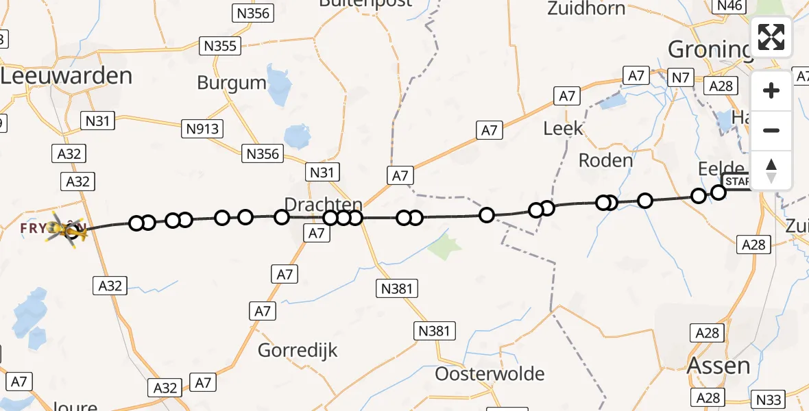 Vluchtroute Traumahelikopter Groningen Airport Eelde - Friens, 20 juli 2026, 07:26