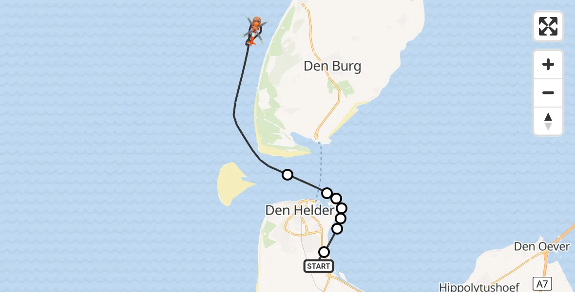 Vluchtroute Kustwachthelikopter Militair vliegveld De Kooy / Den Helder Airport - Noordzee, 20 juli 2026, 08:16