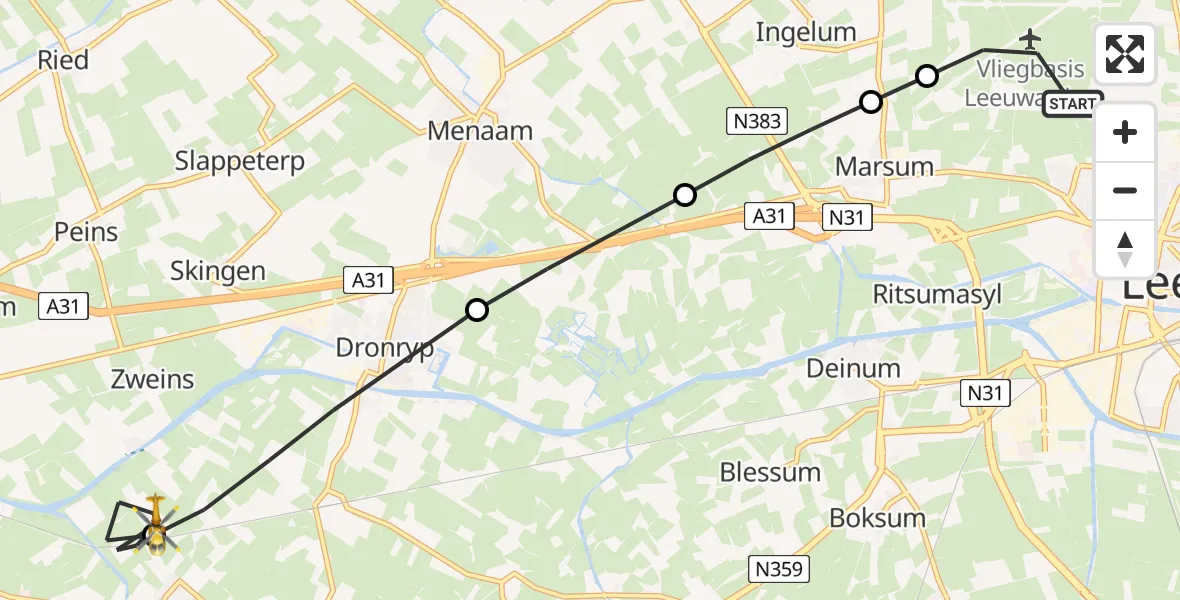 Vluchtroute Ambulancehelikopter Vliegbasis Leeuwarden - Wjelsryp, 20 juli 2026, 09:46