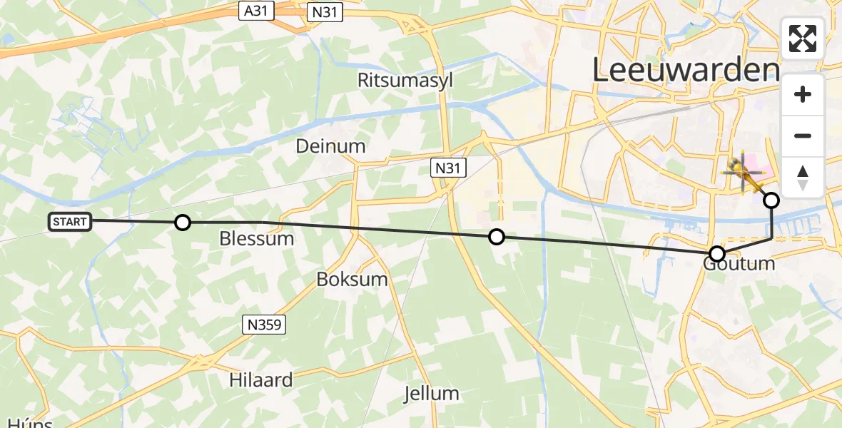 Vluchtroute Ambulancehelikopter Dronryp - Leeuwarden Medical Center Heliport, 20 juli 2026, 10:35