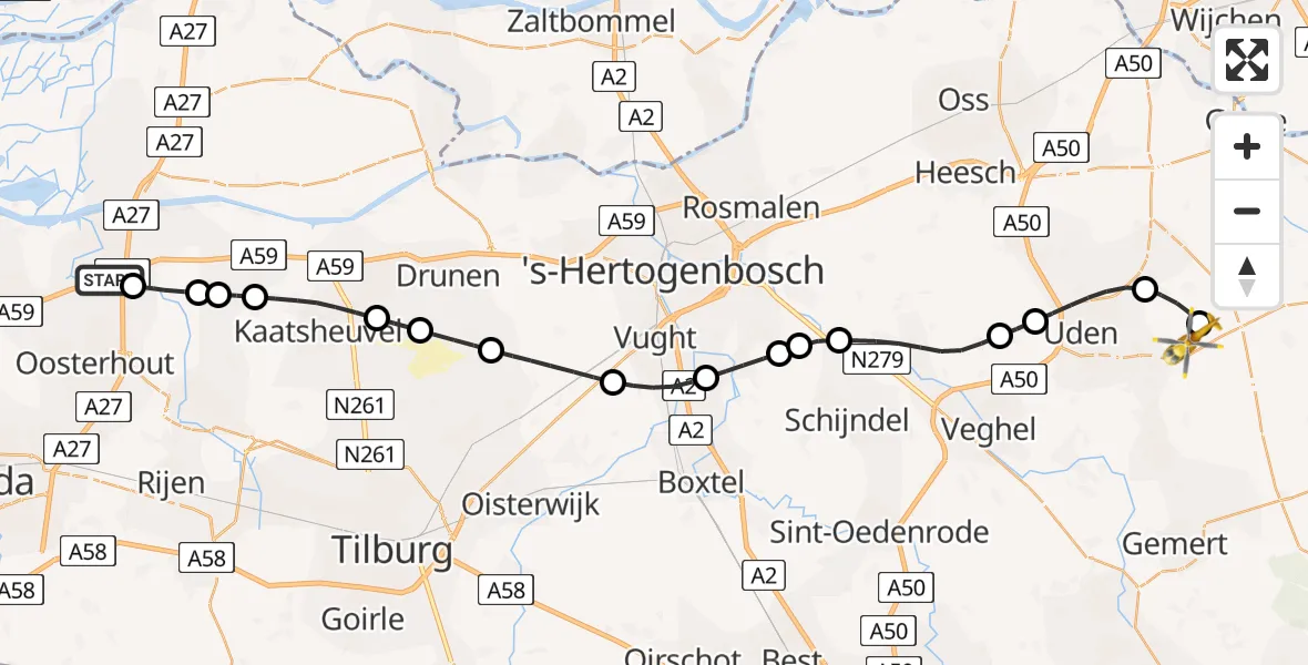 Vluchtroute Traumahelikopter Raamsdonksveer - Vliegbasis Volkel, 20 juli 2026, 12:51
