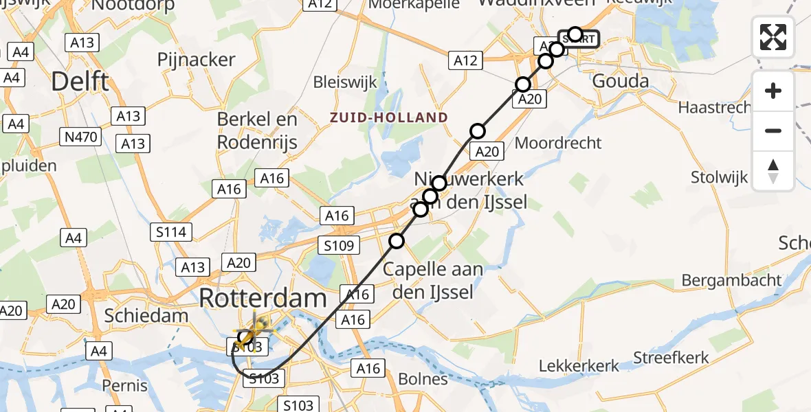 Vluchtroute Traumahelikopter Gouda - Erasmus MC, 20 juli 2026, 12:59