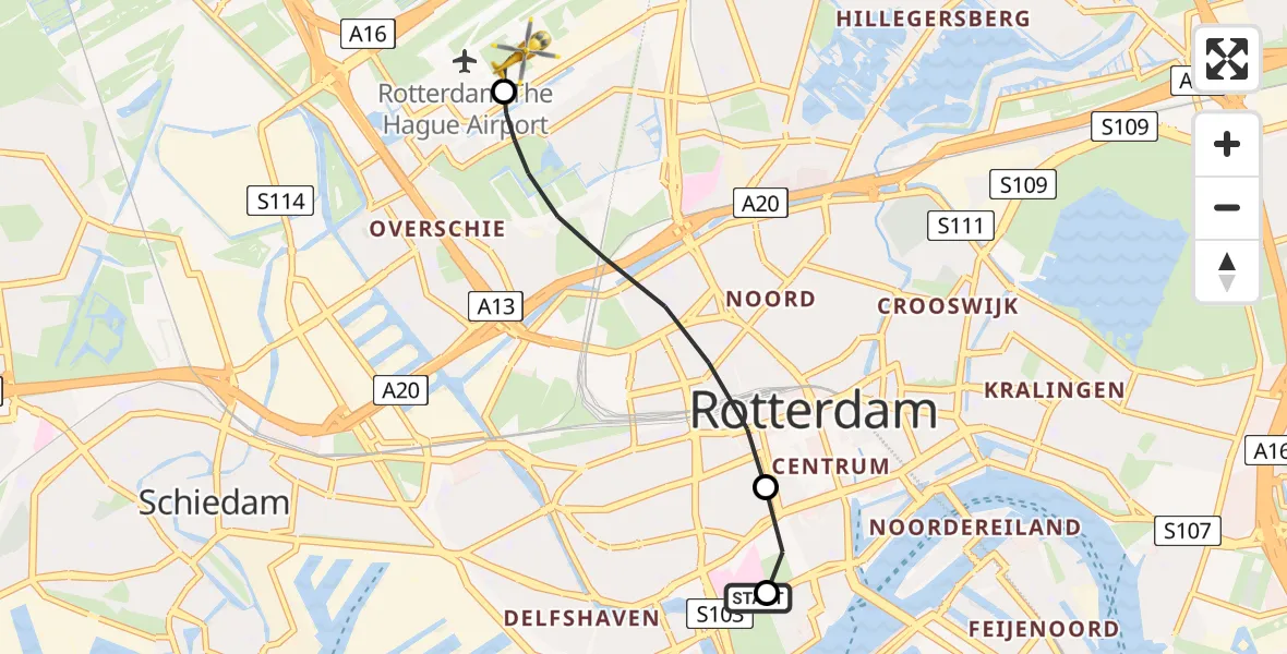 Vluchtroute Traumahelikopter Erasmus MC - Rotterdam The Hague Airport, 20 juli 2026, 13:39